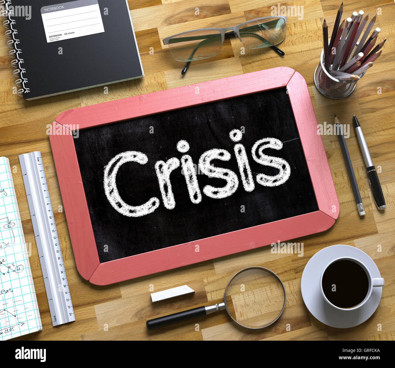 Crisis - Texto en pequeñas pizarra. Ilustración 3D. Foto de stock