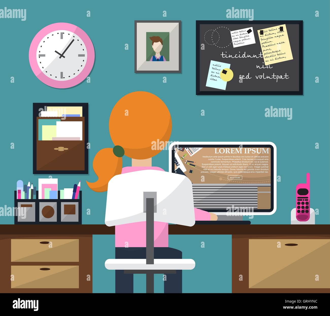 Diseño plano ilustración vectorial de habitación con espacio de trabajo. Chica en el trabajo. Vector Ilustración del Vector