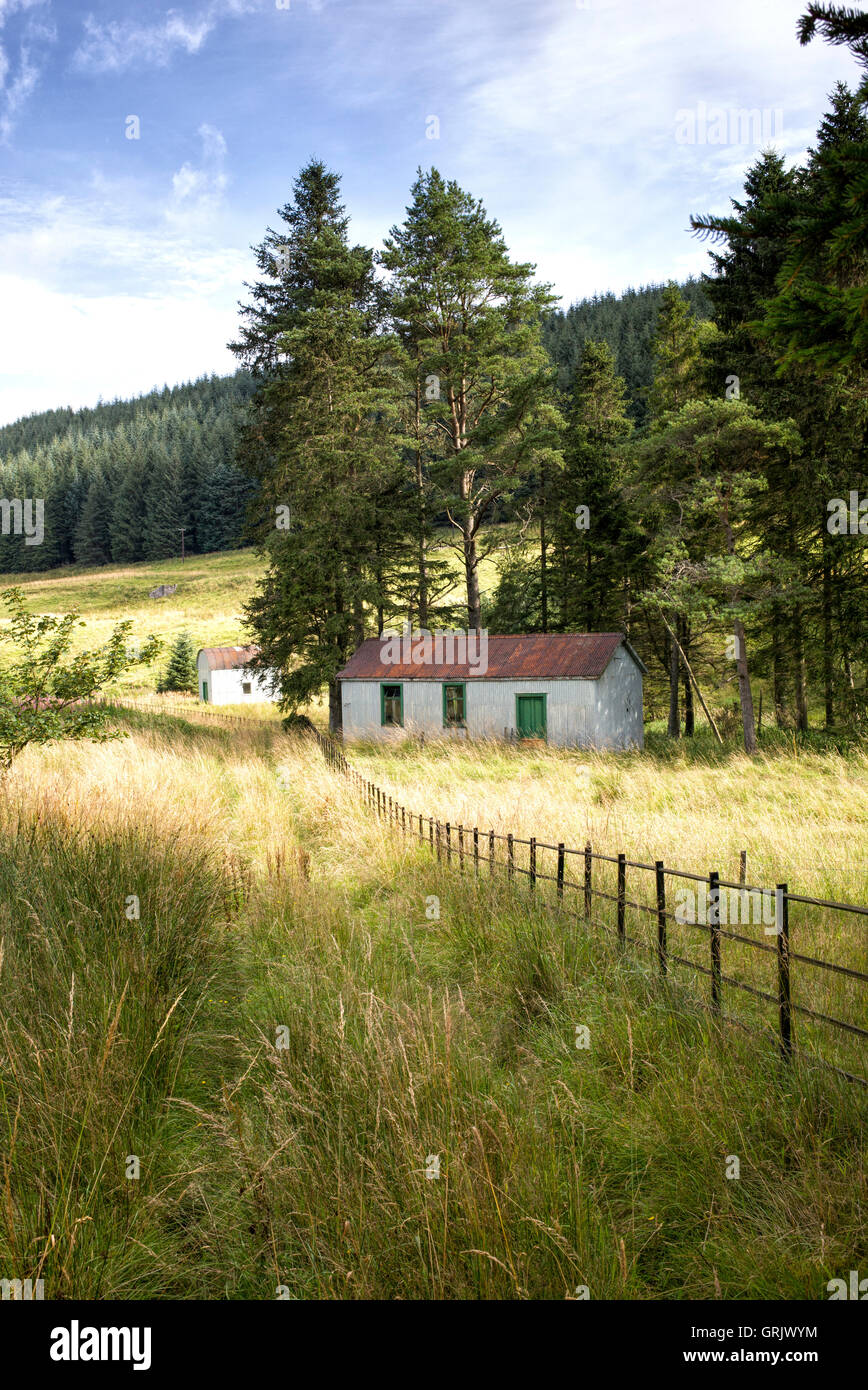 Techo ondulado rojo Tweedsmuir cobertizo en el campo. Scottish Borders, Escocia Foto de stock