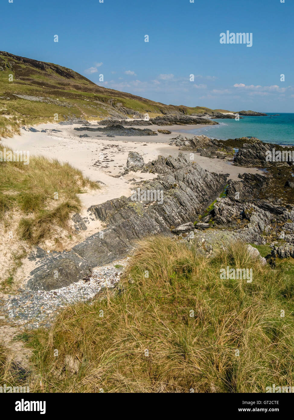 Gloriosas playas desiertas en el puerto un Chapuill en la remota isla de Colonsay Hebridean, Escocia, Reino Unido. Foto de stock