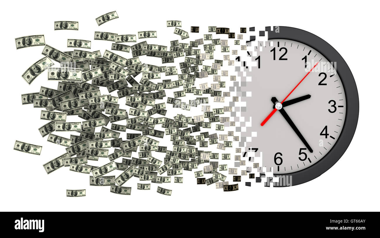 El tiempo es dinero. Reloj desintegrando a dólares. Ilustración 3D. Foto de stock
