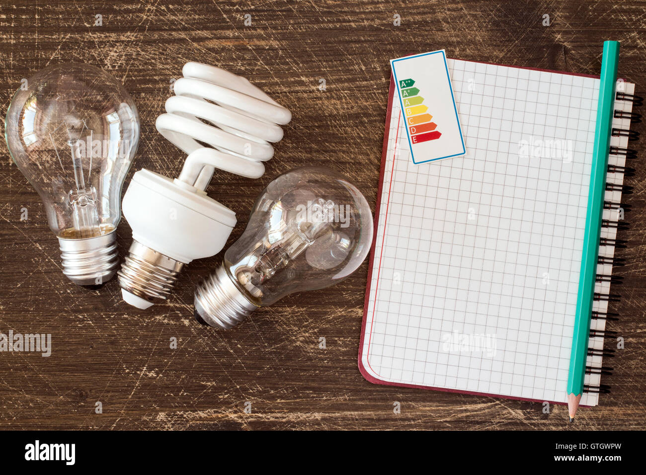 Tres diferentes bombillas y portátil con la etiqueta de eficiencia energética Foto de stock