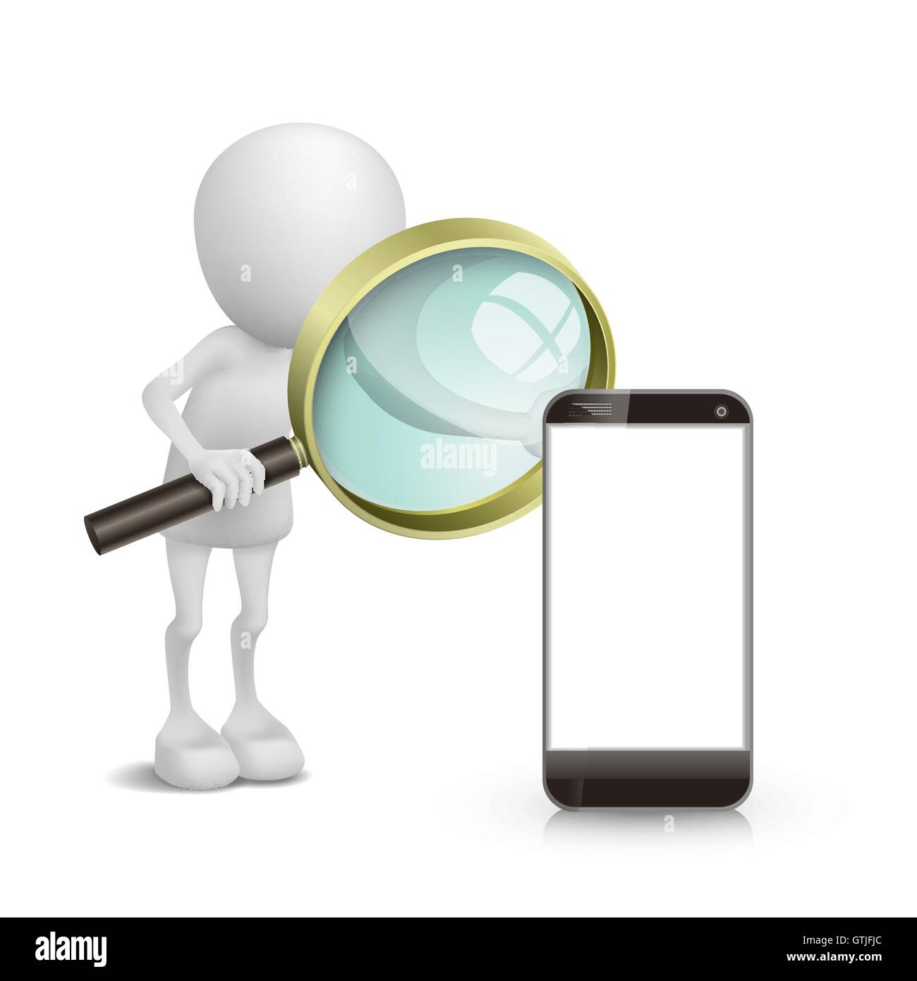 3d la persona que está mirando un teléfono móvil con una lupa Imagen Vector  de stock - Alamy