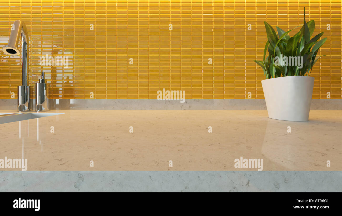 Diseño de cocinas modernas de cerámica amarilla con fondo de mármol