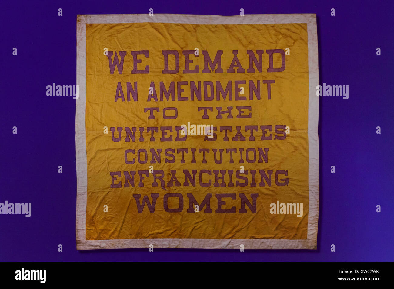 Banner con el mensaje "Exigimos una enmienda a la Constitución de los Estados Unidos conceder el derecho al voto a las mujeres durante el movimiento del sufragio femenino - EE.UU. Foto de stock
