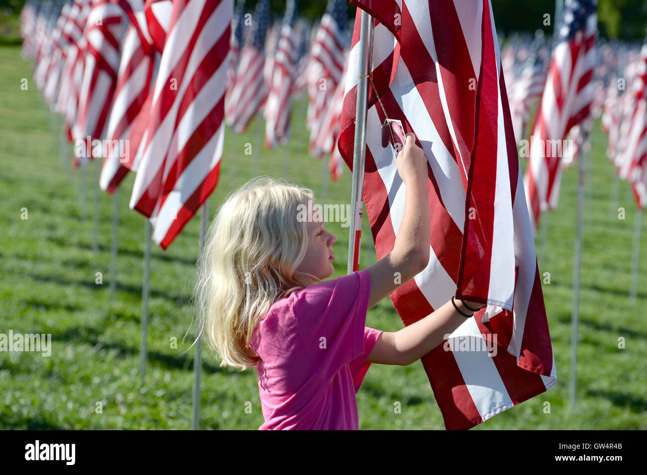 Saint Louis, MO - 11 de septiembre de 2016: Más de 7.000 marcas con nombre, foto y dog tag de soldado muerto defendiendo los Estados Unidos ola fuera del Museo de Arte de San Luis en San Luis, Misurí, Crédito: Gino's Premium Images/Alamy Live News Foto de stock