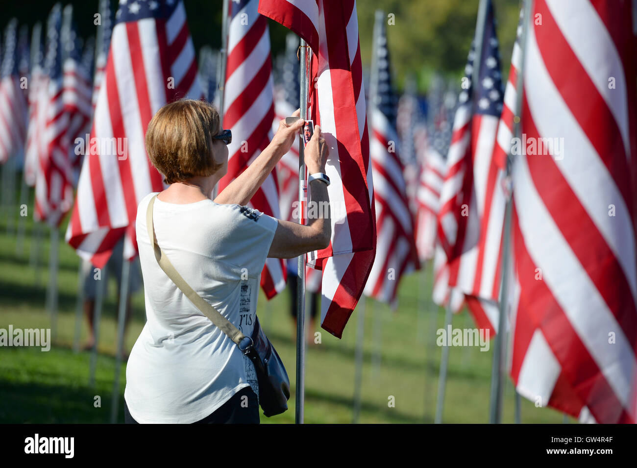 Saint Louis, MO - 11 de septiembre de 2016: Más de 7.000 marcas con nombre, foto y dog tag de soldado muerto defendiendo los Estados Unidos ola fuera del Museo de Arte de San Luis en San Luis, Misurí, Crédito: Gino's Premium Images/Alamy Live News Foto de stock