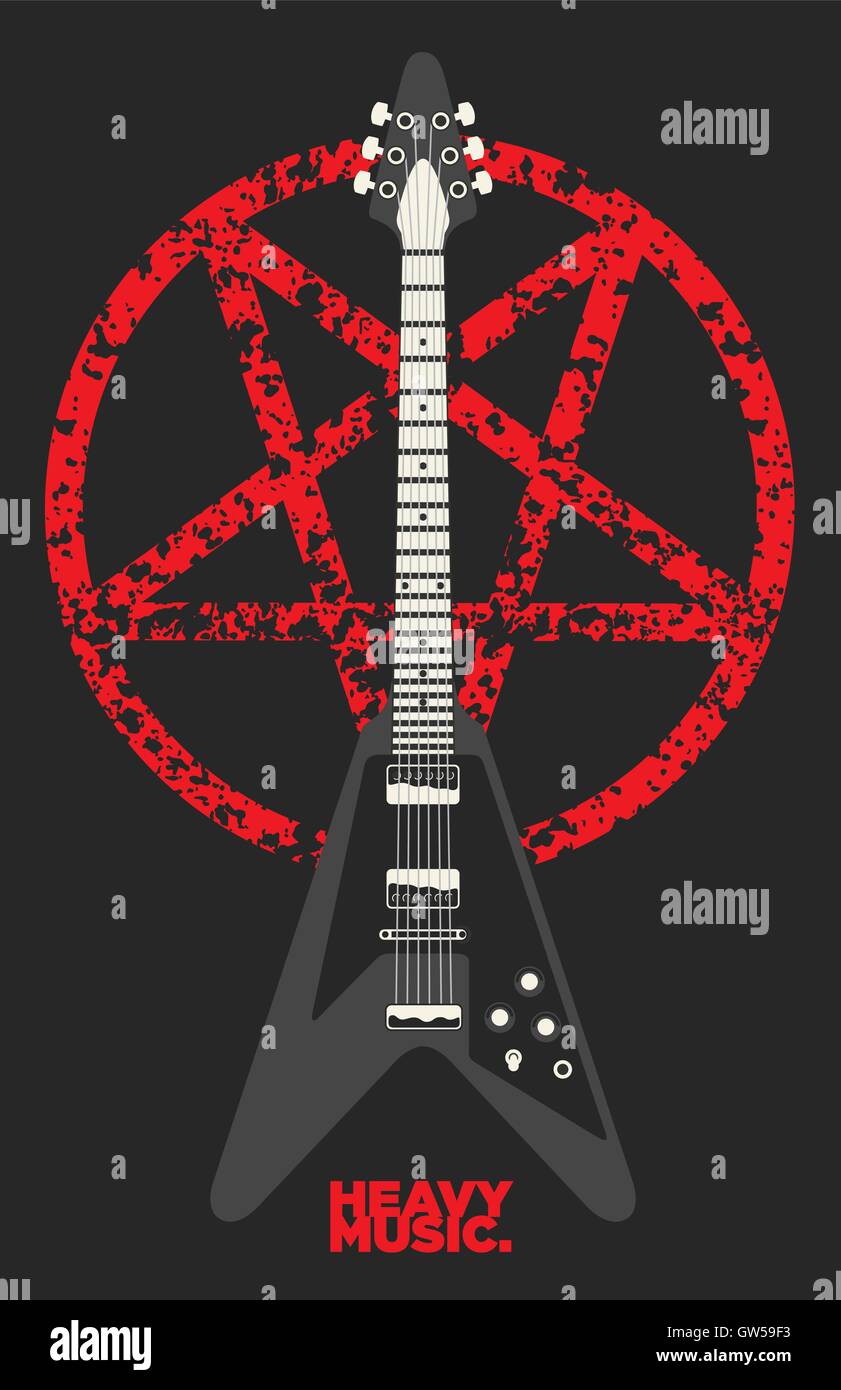 Guitarra heavy metal Pentagram y diseño vectorial. Características  agobiados áspero grunge gráficos. Flying-V estilo guitarra Imagen Vector de  stock - Alamy