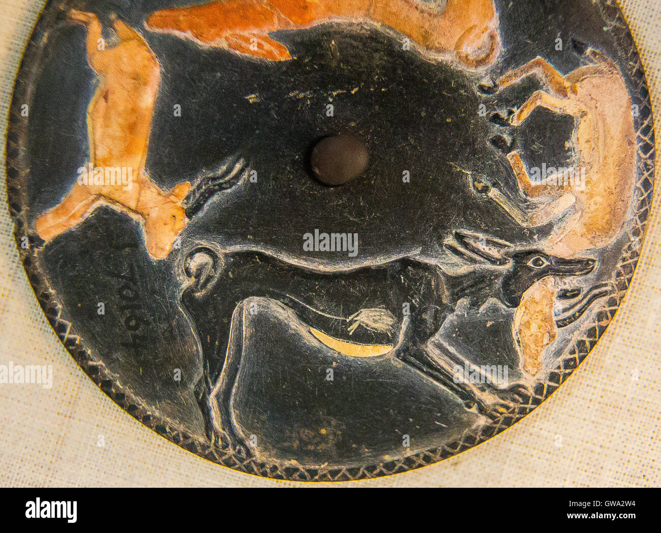 Egipto, El Cairo, el Museo Egipcio, el disco giratorio de la tumba de Hemaka, Saqqara, la primera dinastía, con perros cazar gacelas. Foto de stock