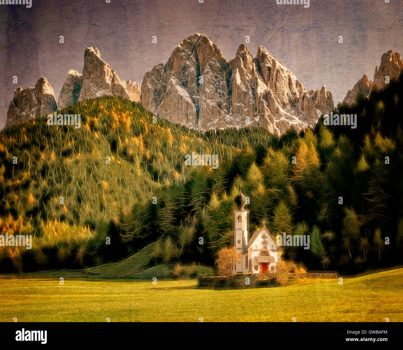 Arte Digital: St. Johann en Ranui en Villnöss tal o Val di Funes, Trentino, Italia Foto de stock