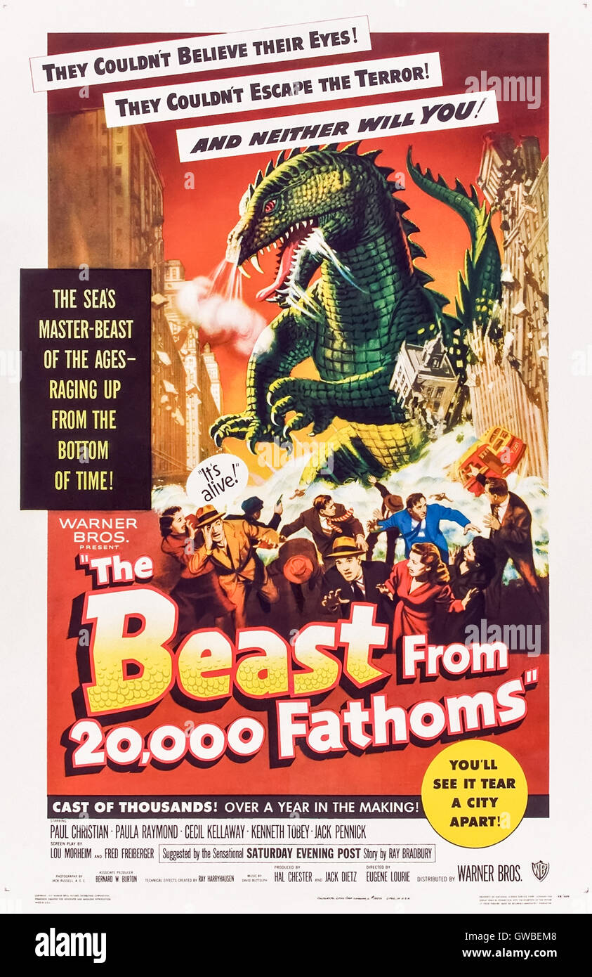 La bestia de 20,000 Brazas (1953) dirigido por Eugène Lourié y protagonizada por Paul Hubschmid, Paula Raymond y Cecil Kellaway. Una prueba atómica en el Artico despierta un gran dinosaurio que causa estragos por la costa este de EE.UU. Foto de stock