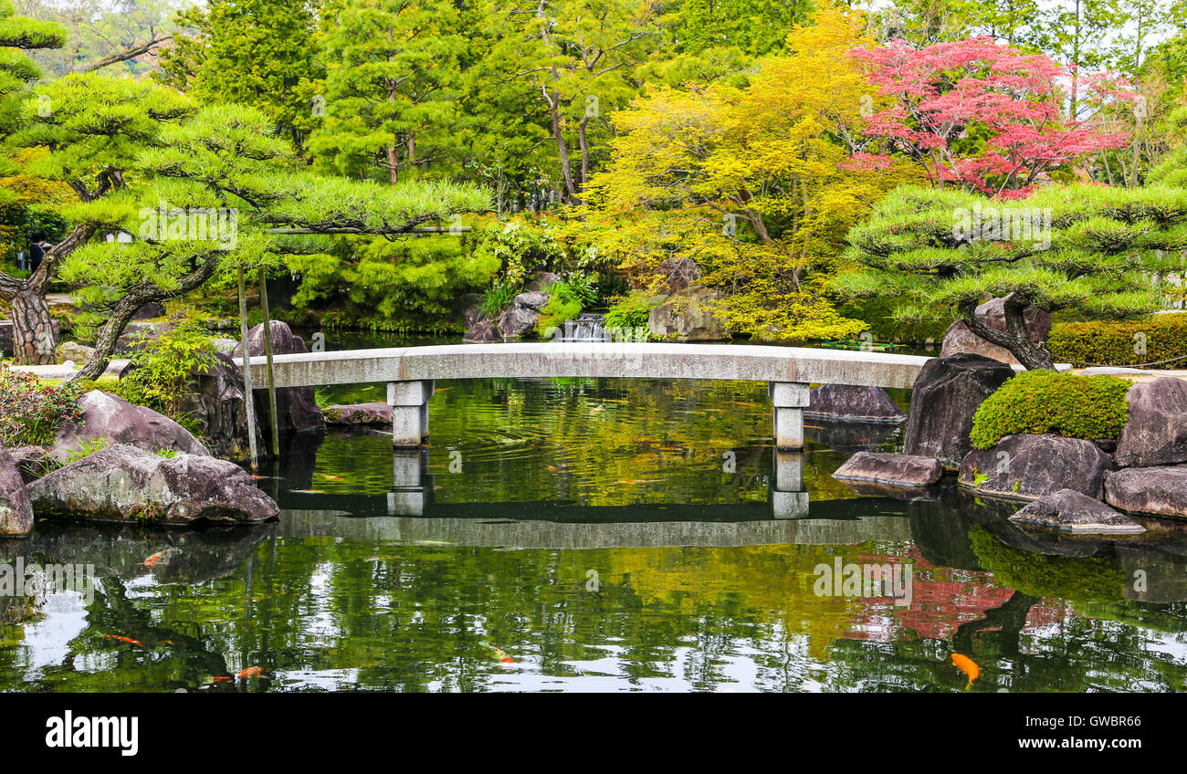 Jardín Zen estanque con puente y la carpa peces en Japón. Foto de stock