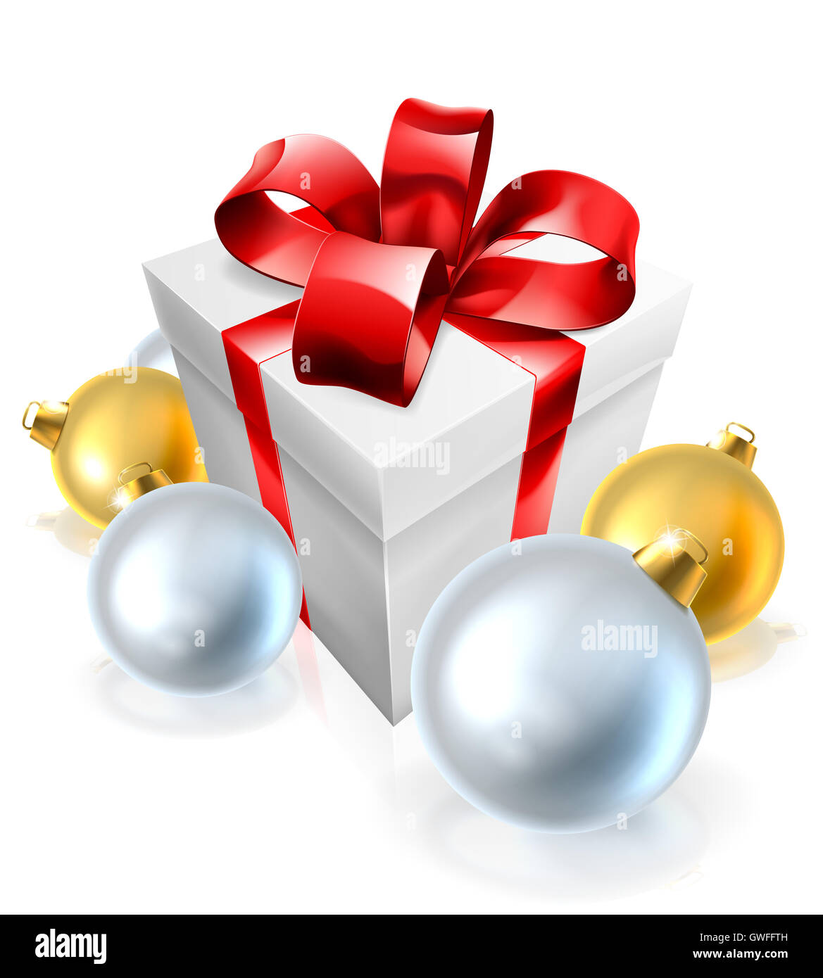 Una ilustración de un regalo de Navidad o presente y decoraciones para árboles de adorno Foto de stock