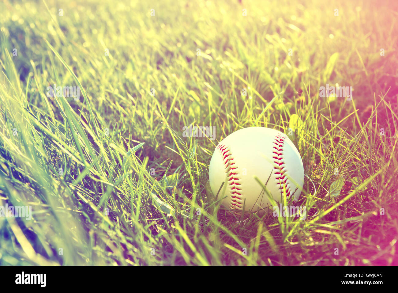 Juego de baseball. Pelota de béisbol en la hierba. Vintage Instagram fotografía. Foto de stock
