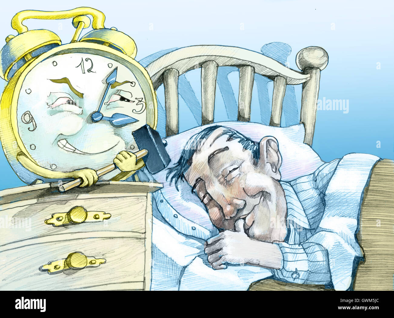 Un "hombre apacible duerme mientras un reloj de alarma con un martillo en la mano está listo para la huelga Foto de stock