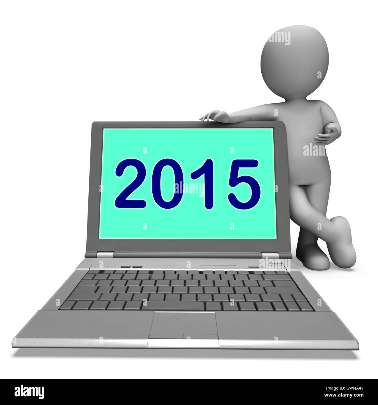 Dos mil quince caracteres y portátil muestra el año 2015 Foto de stock