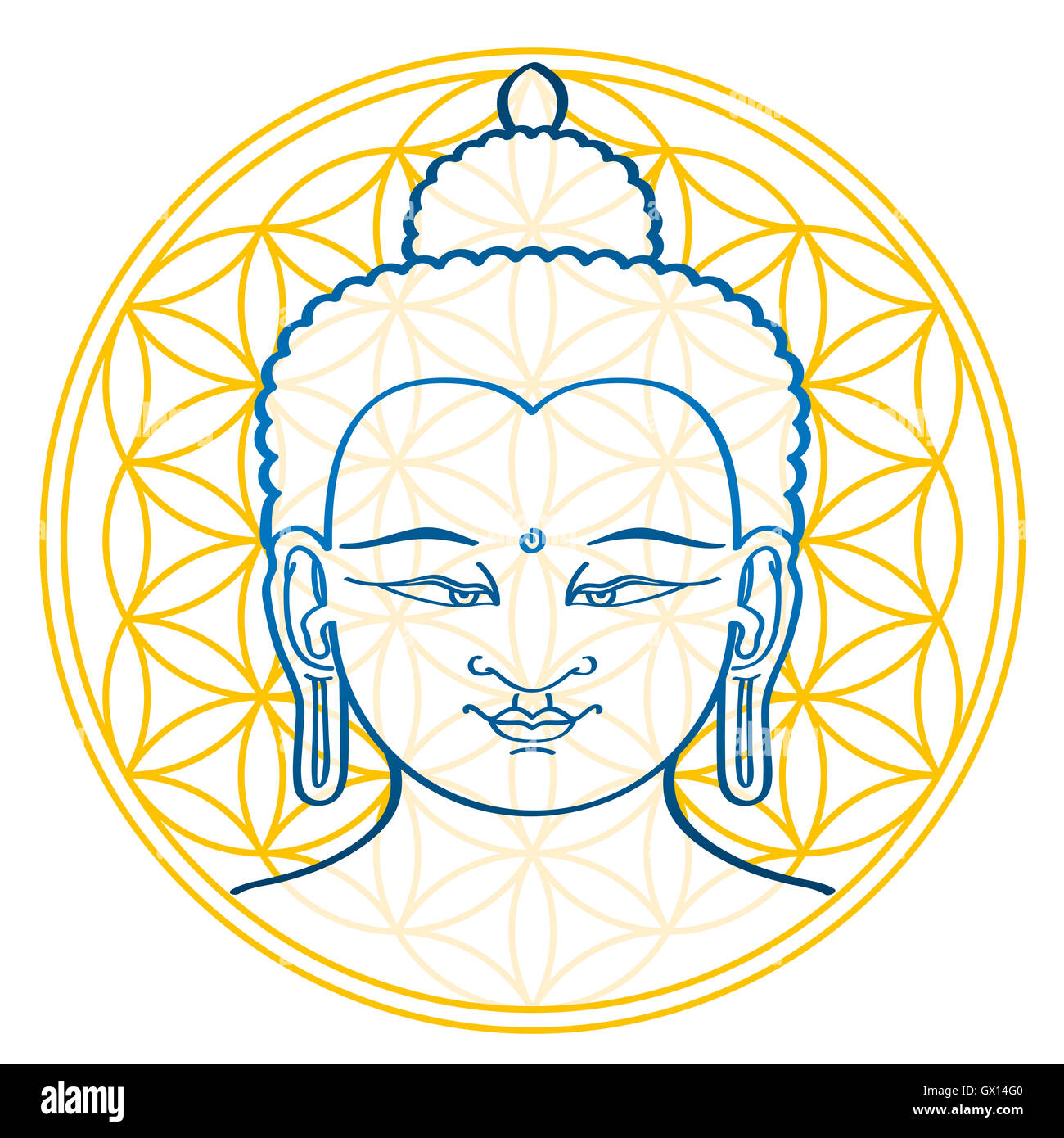 Buda y la Flor de la vida, una figura geométrica y antiguo símbolo, compuesto de múltiples uniformemente espaciadas, círculos superpuestos. Foto de stock