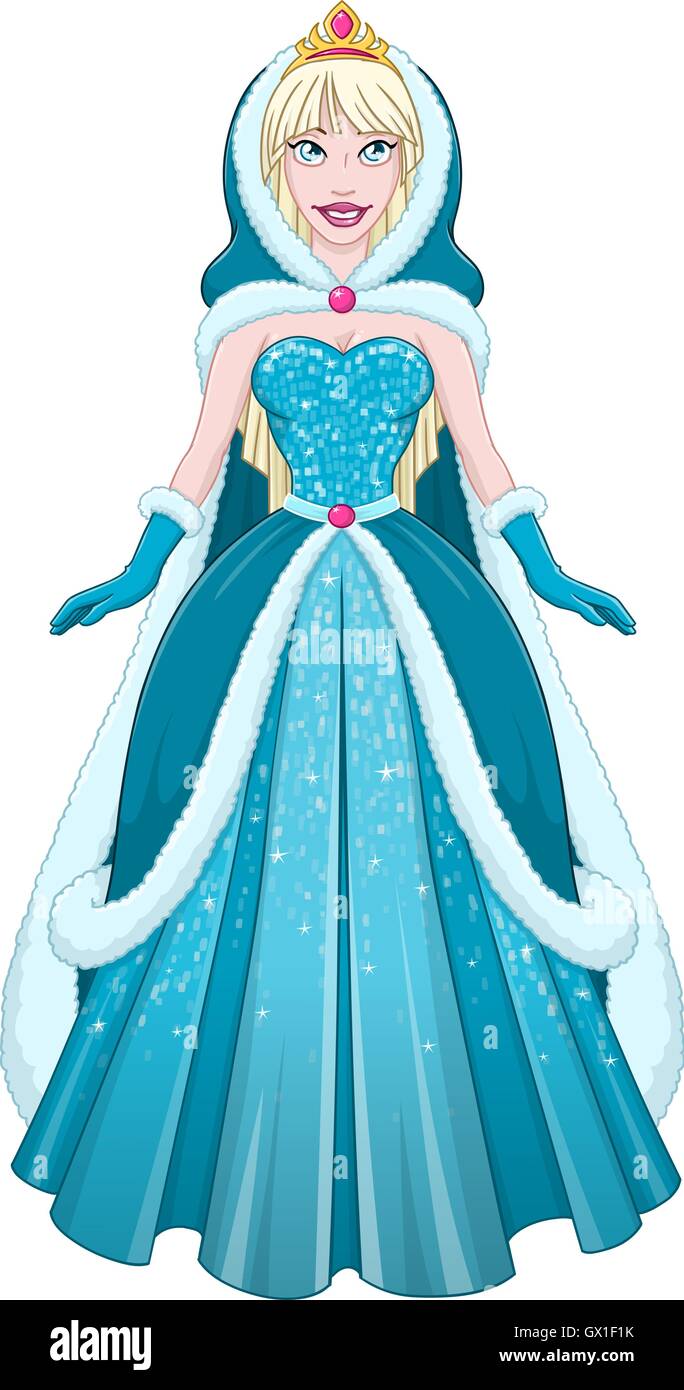 Ilustración vectorial de una princesa de nieve reina en vestido azul manto y capucha. Ilustración del Vector