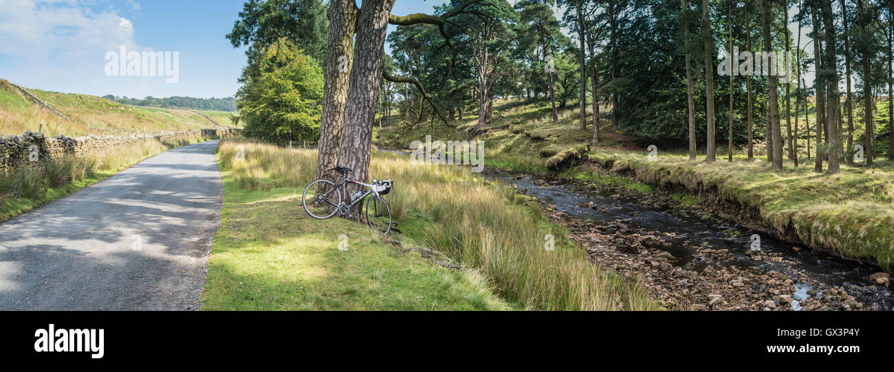 Imagen panorámica desde el bosque de Bowland con una bicicleta Colnago descansando mientras el propietario toma un descanso merecido. Foto de stock