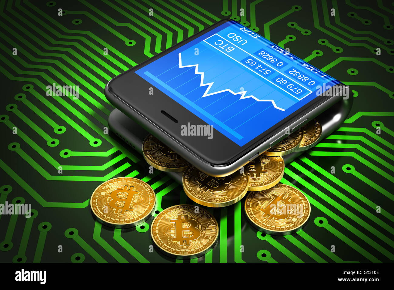 Concepto de monedero digital y Bitcoins en placa de circuito impreso verde  Fotografía de stock - Alamy