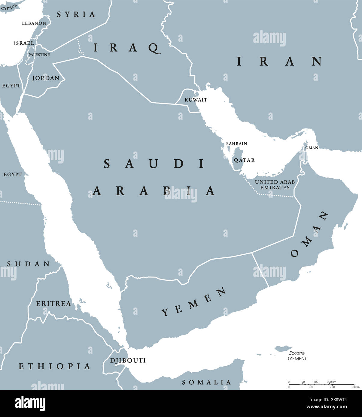 Países de la península arábiga mapa político con fronteras nacionales y países individuales. Arabia es una península de Asia occidental. Foto de stock
