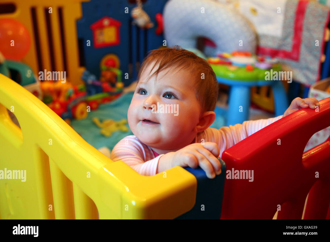 Baby Girl pensando en una colorida corralito Foto de stock