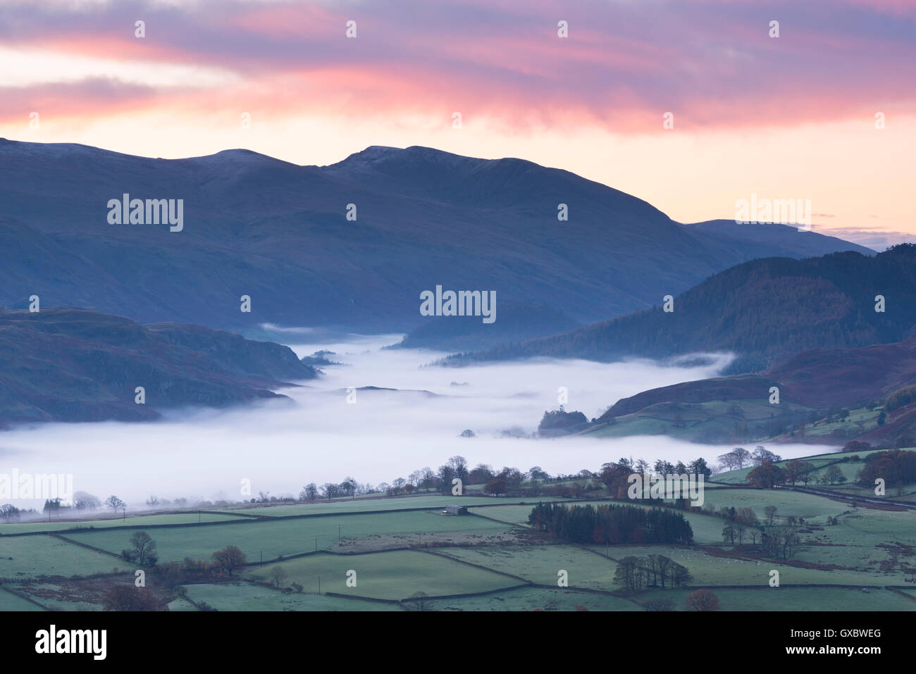 Paisaje ondulado cubierto de neblina al amanecer, Lake District, Cumbria, Inglaterra. Otoño (noviembre de 2014). Foto de stock