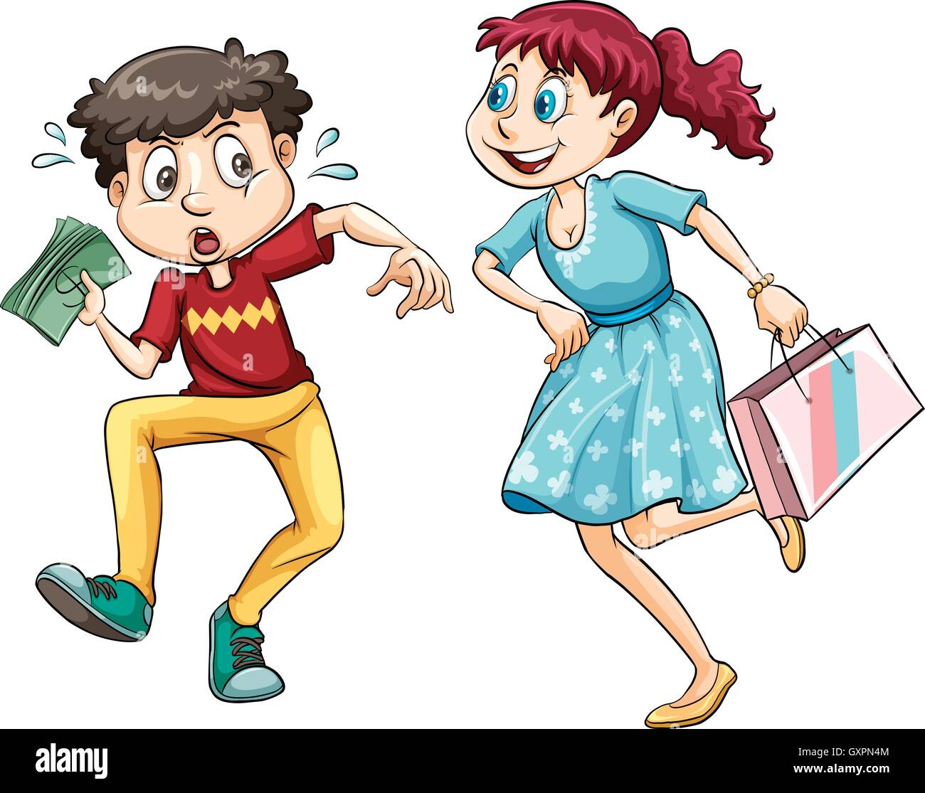 Chico con dinero y una chica con bolsa de compras ilustración Ilustración del Vector