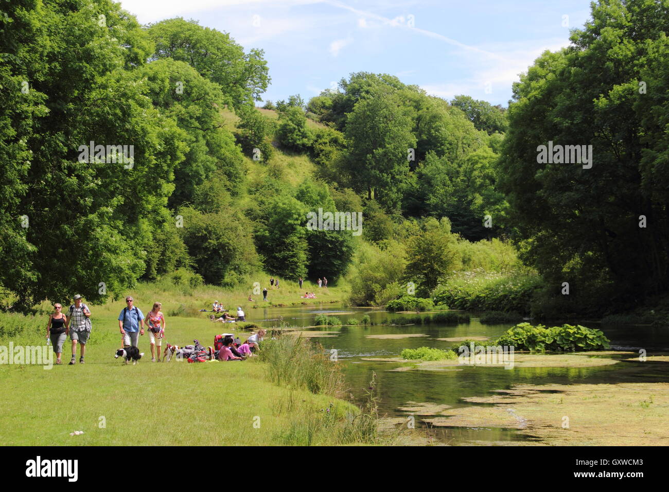 Caminantes en una conocida ruta de Riverside en Lathkiill Dale, un célebre piedra caliza dale en el Peak District de Derbyshire, Inglaterra Foto de stock