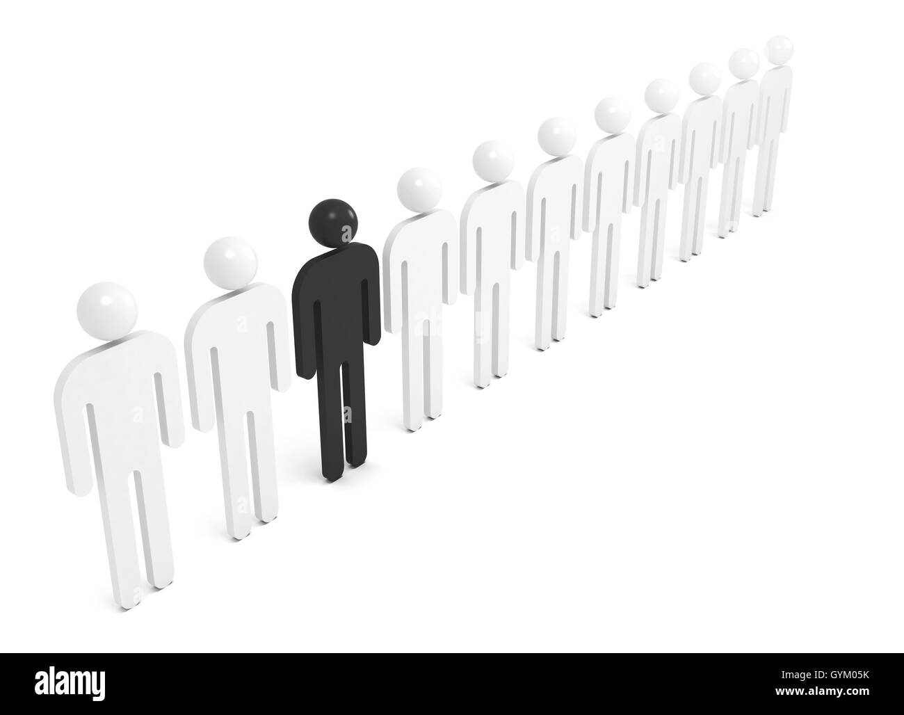 Fila de gente abstracta en blanco con una negra figura individual, ilustración 3d Foto de stock