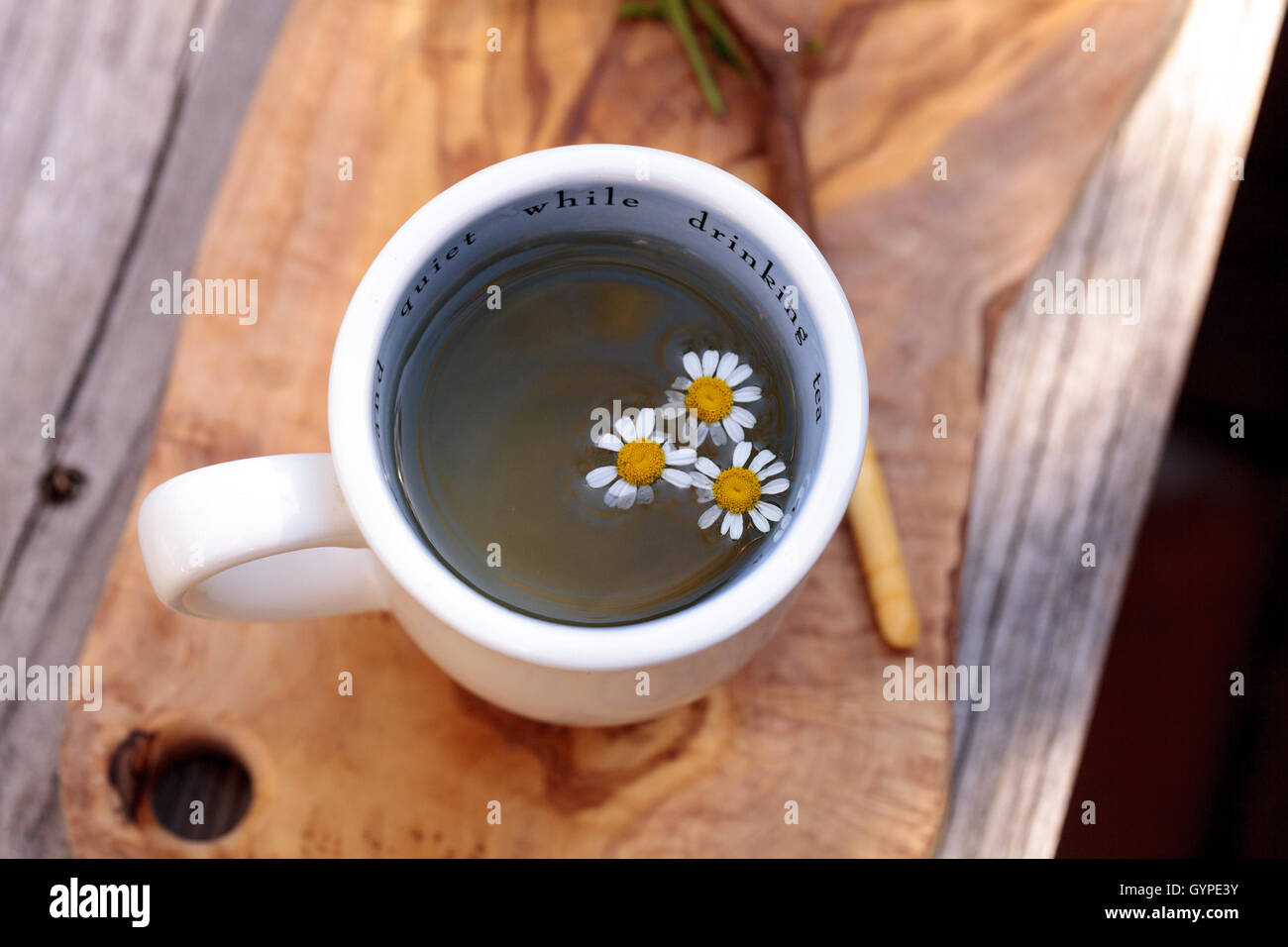 Un té de manzanilla con daisy flores de manzanilla en una taza blanca