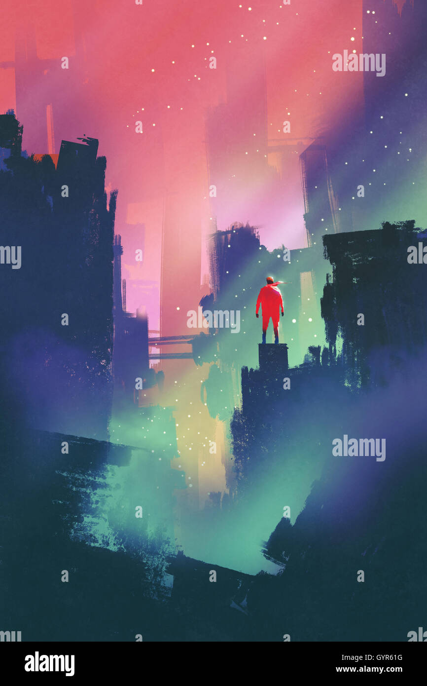Paisaje nocturno con el hombre rojo pararse en la ciudad abandonada, ilustración pintura Foto de stock
