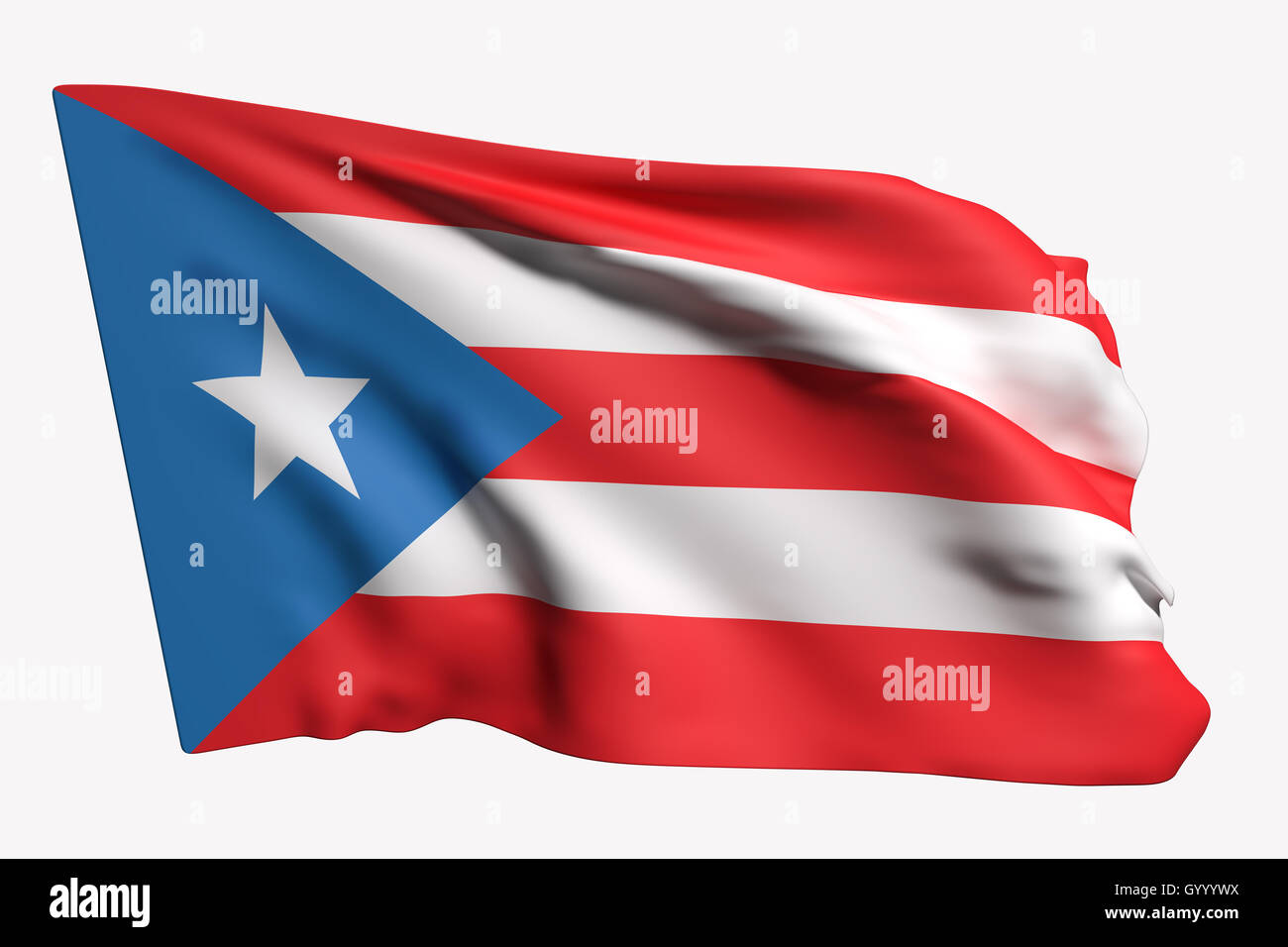 Representación 3D de la Commonwealth de Puerto Rico ondear la bandera sobre fondo blanco. Foto de stock