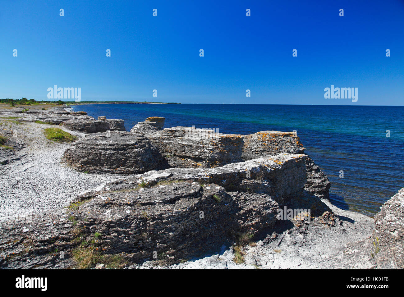 Chalkstone pilares en la costa en Byrums Raukar, Suecia Oeland, Byrums Raukar Foto de stock