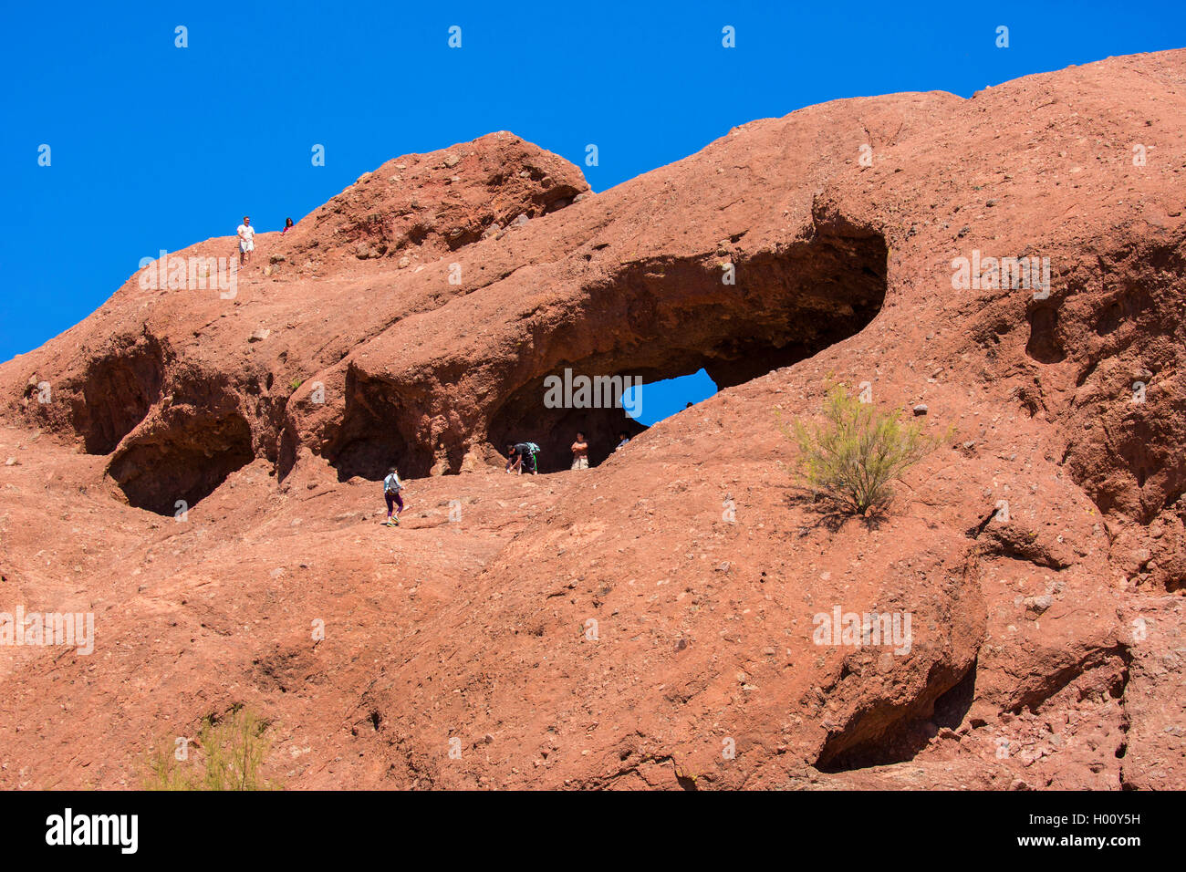 Agujero-en-el-Rock, cueva de la piedra arenisca roja con la escalada de los turistas, ESTADOS UNIDOS, Arizona, el parque Papago, Phoenix Foto de stock