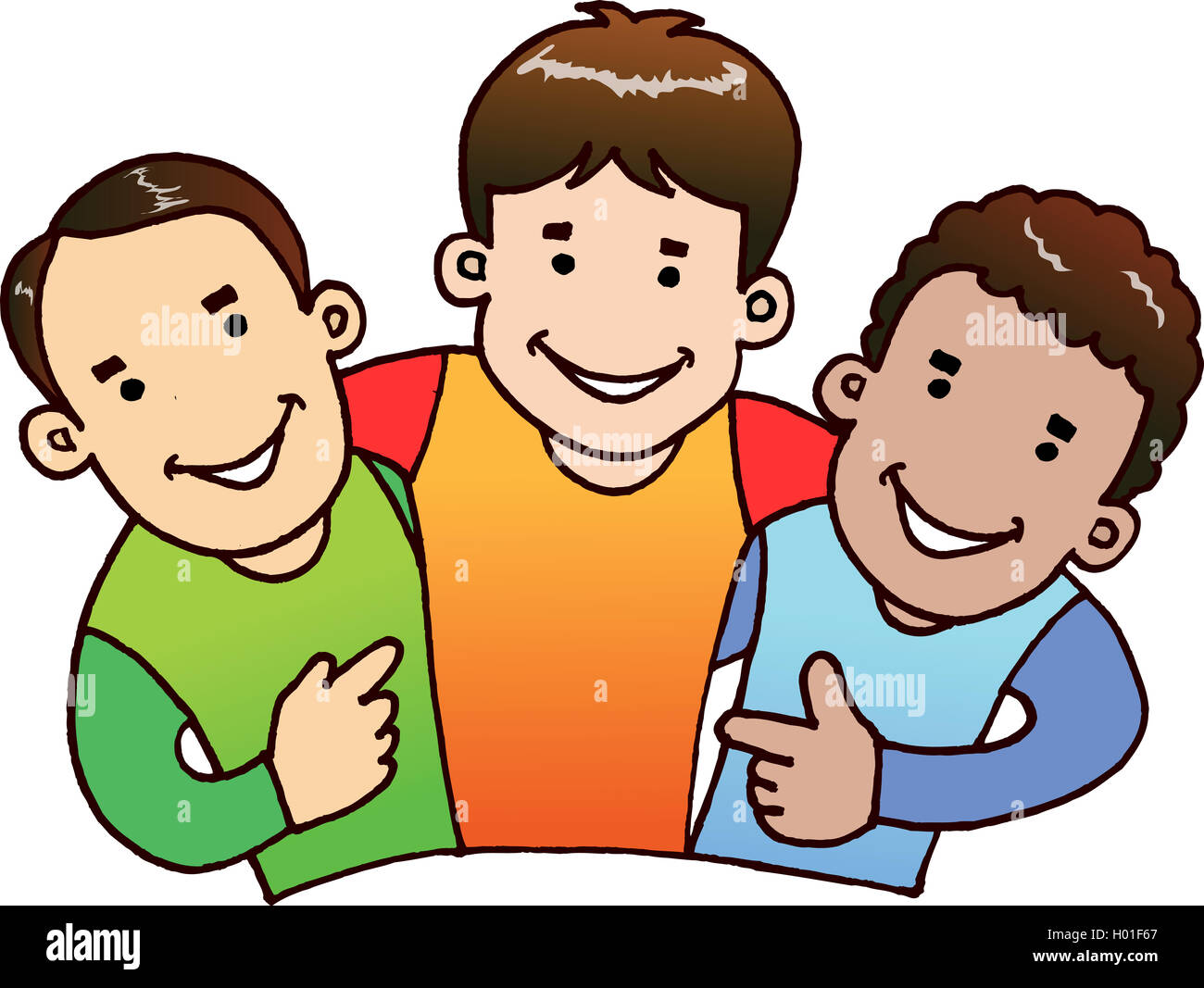 Ilustración de 3 muchachos con cara feliz conseguir juntos como buenos amigos. Foto de stock
