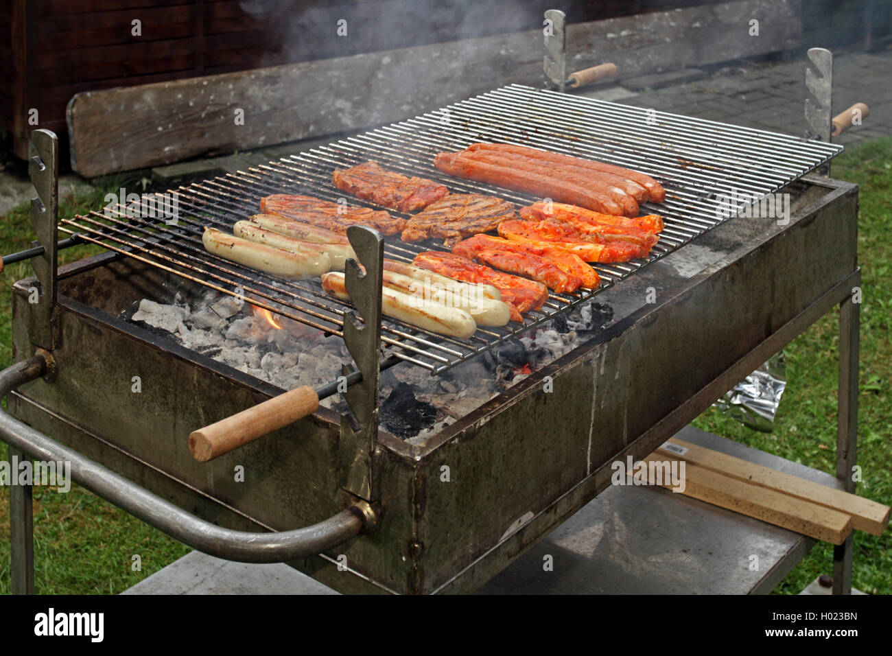 Grillfleisch auf einem Holzkohlegrill, Deutschland | carnes a la parrilla una parrilla de carbón, Alemania | BLWS429325.jpg [ (c) blickwinkel Foto de stock