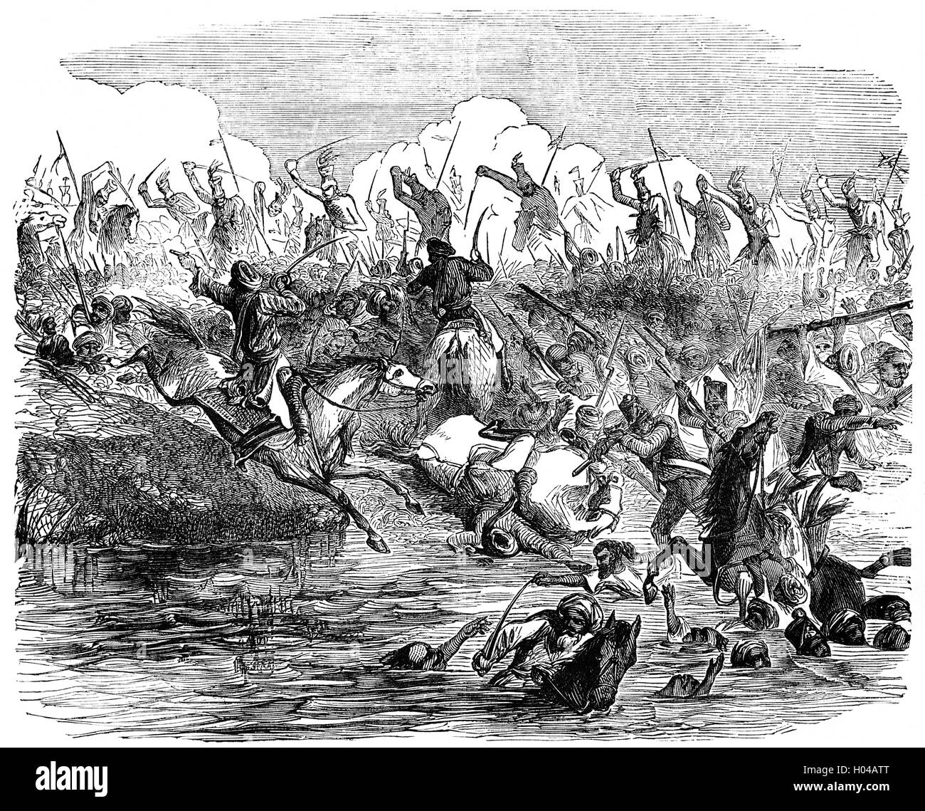 El ejército británico dirigido por el Coronel Sir Edward Harris Greathed (1812 - 1881) persiguiendo amotinados en la batalla de Agra durante la rebelión india de 1857. Indian rebeldes atacaron una columna de tropas británicas que habían aliviado una guarnición en Agra, pero aunque se sorprendió a la columna, fueron derrotados y dispersados. Foto de stock