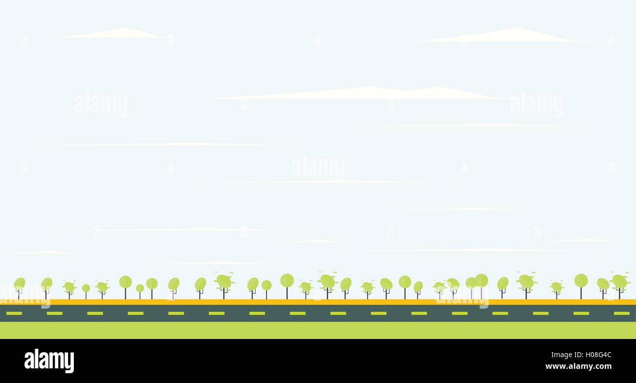Carretera rural con árbol verde y azul cielo. Ilustración vectorial. Ilustración del Vector