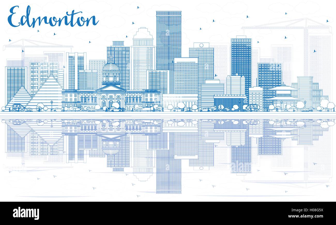 Esbozo Edmonton Skyline con edificios azules y reflejos. Ilustración vectorial. Concepto de turismo y viajes de negocios Ilustración del Vector
