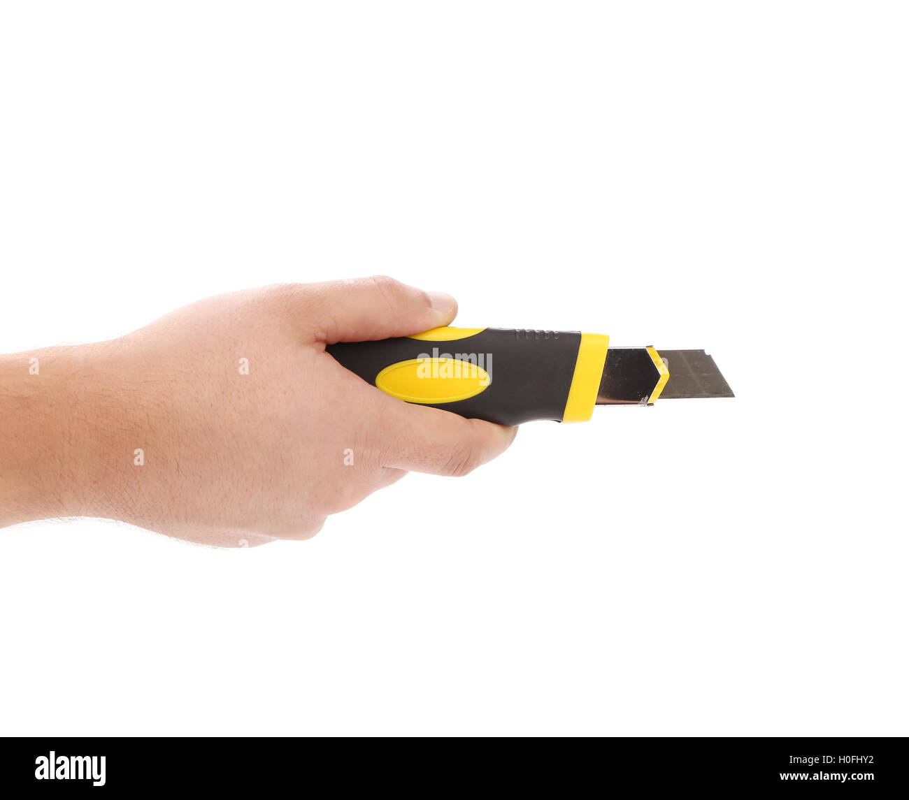 Asideros amarillo papelería cuchillo. Foto de stock