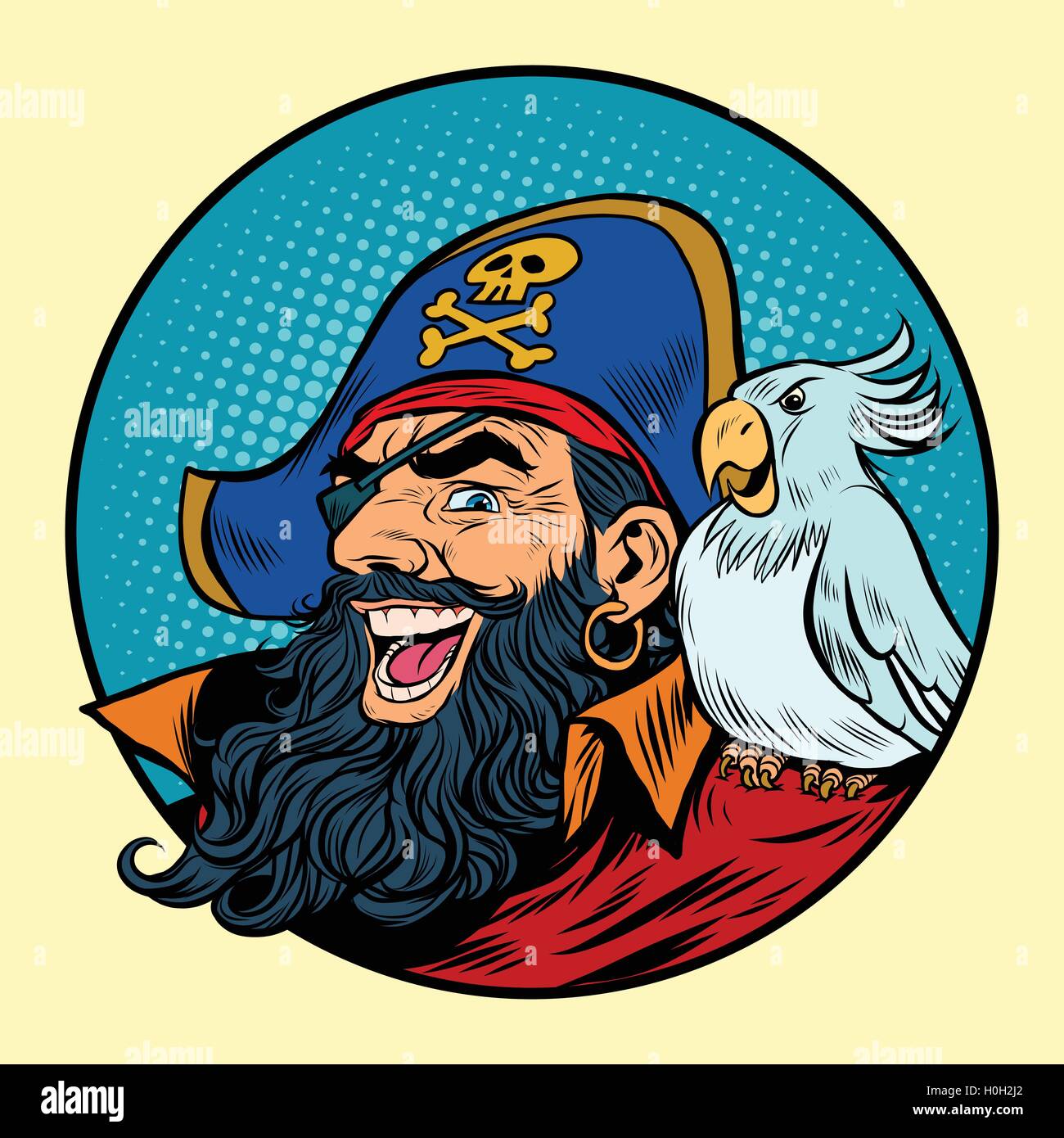 Un colorido loro de dibujos animados posado sobre el hombro de un pirata