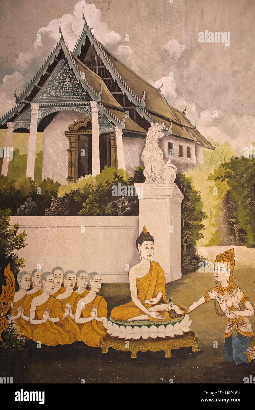 Una de las escenas de la vida de Buda, parte de un Mural en el Wat Phra That Doi Suthep Templo Tailandia Foto de stock