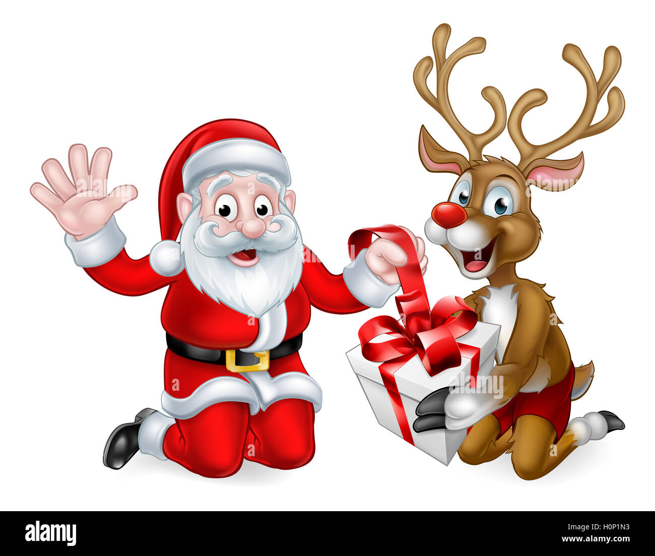 Santa Claus y sus renos envoltura o desenvolver un regalo de Navidad  Fotografía de stock - Alamy
