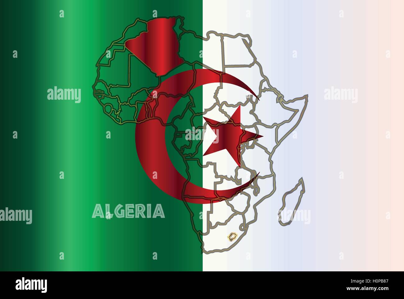 Argelia esbozo inset en un mapa de África a través de un fondo de bandera de Argelia Ilustración del Vector