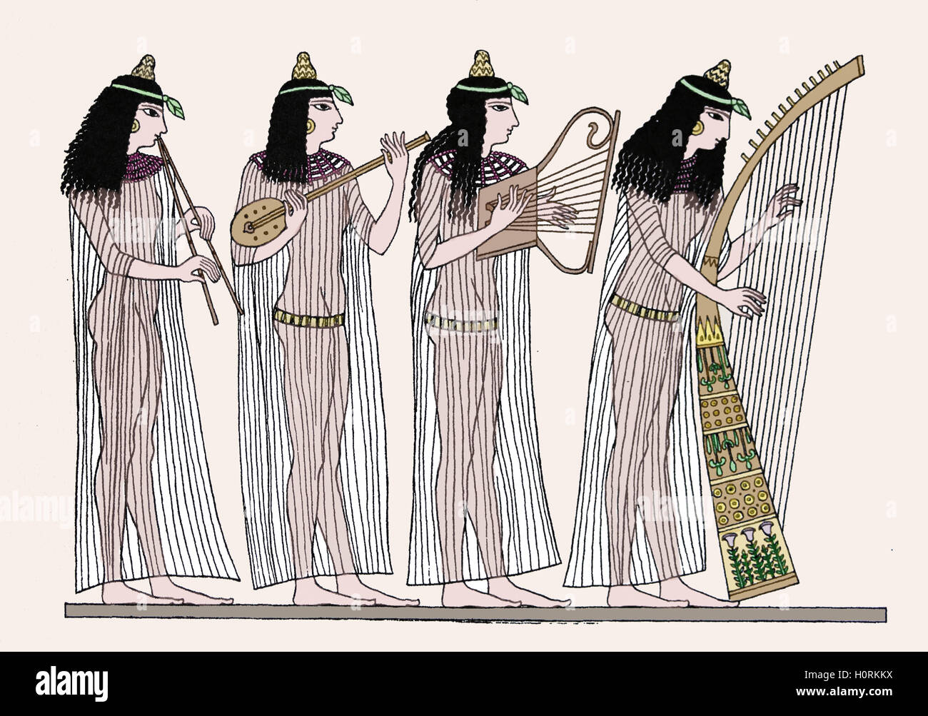 El antiguo Egipto. Nuevo Imperio. Cuarteto de mujeres músicos: doble flauta, guitarra, arpa, el arpa. Grabado. Color. 19c. Foto de stock