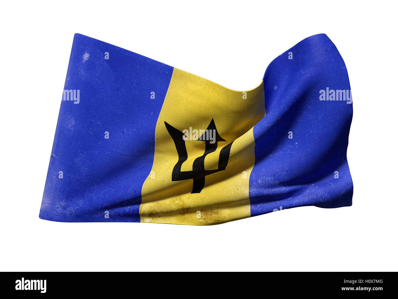 Representación 3D de un viejo y sucio Barbados ondear la bandera sobre fondo blanco. Foto de stock