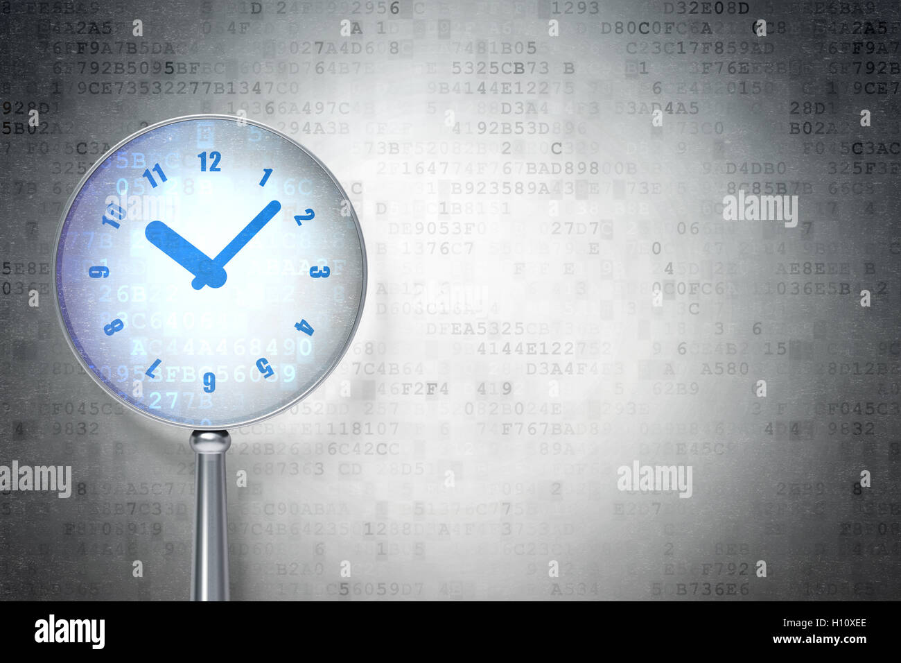 Concepto Timeline: Reloj con cristal óptico de fondo digital Foto de stock