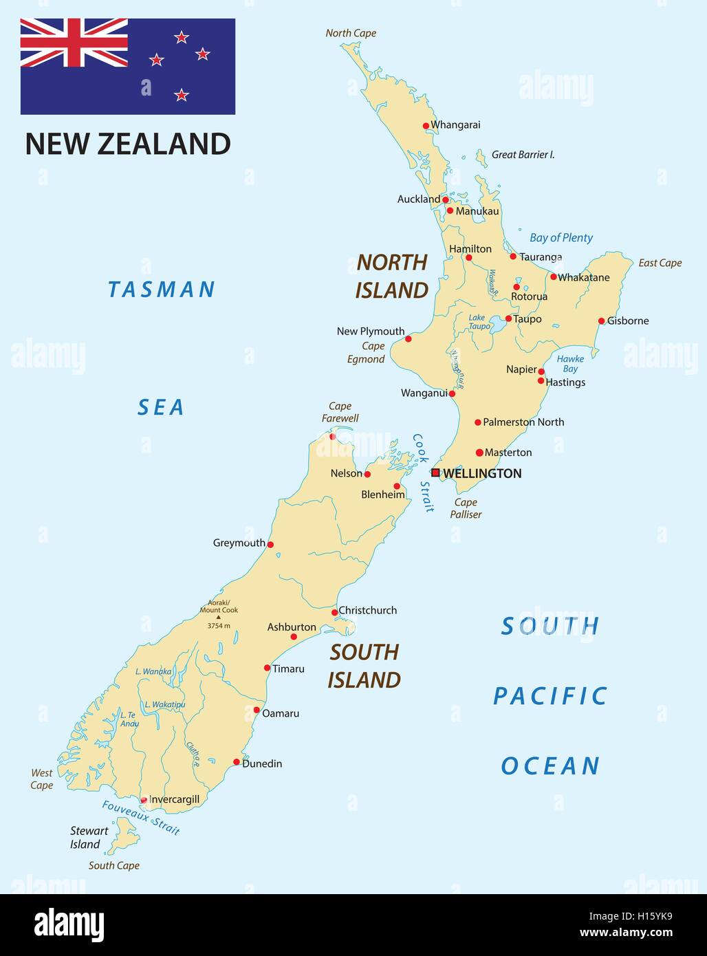 Mapa de Nueva Zelanda con bandera Imagen Vector de stock - Alamy