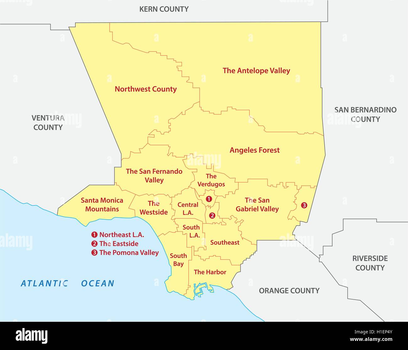 Regiones Mapa del condado de Los Angeles Ilustración del Vector